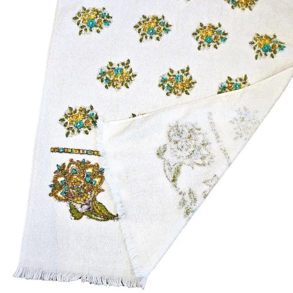 VTG Boho Yellow Blue White Floral Bath‎ Towel Set 22 X 39